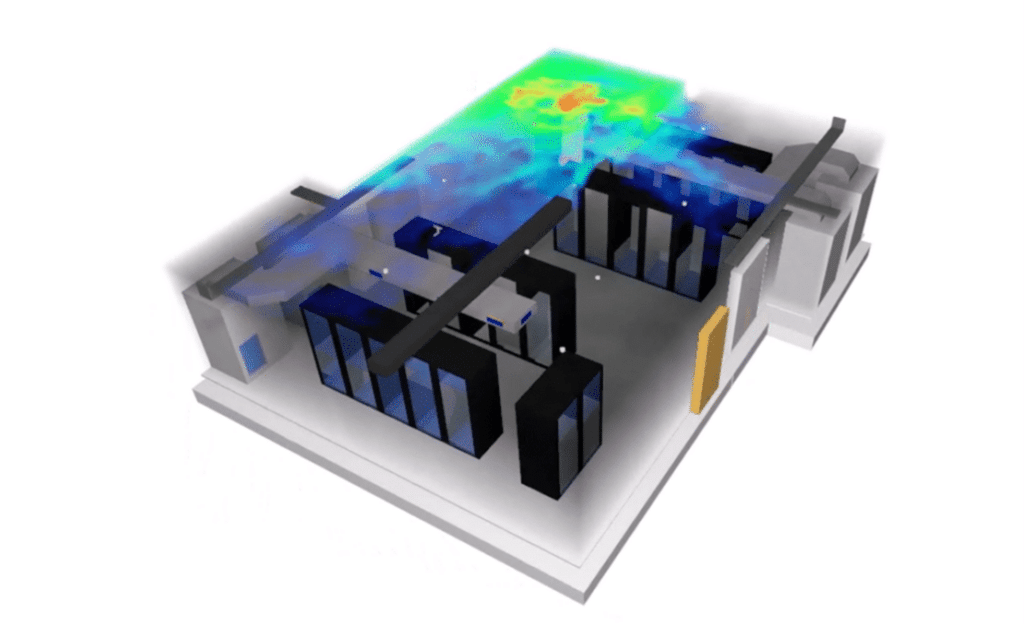 Simulation d'un départ de feu dans un data center, montrant des équipements en alarme et des mesures de sécurité mises en place.