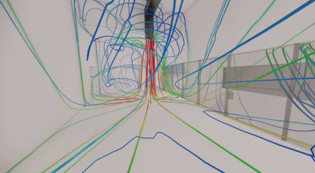 Visualisation des résultats d'une étude de dynamique des fluides numérique (CFD) représentant les courants d'air dans une station de métro pour évaluer la qualité de l'air.