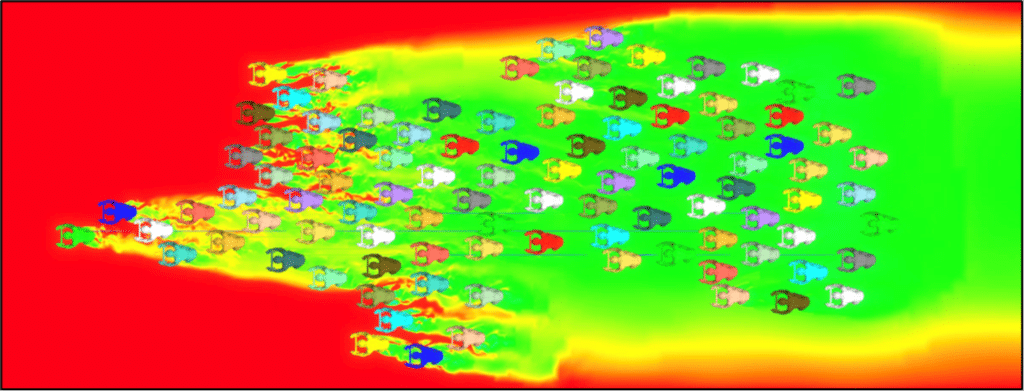 Plan des vitesses d'air pour un peloton de cyclistes du Tour de France, illustrant les résultats d'une simulation mécanique des fluides.