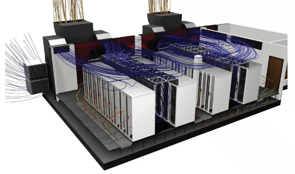 Simulation CFD du refroidissement d'une salle de data center par une unité CRAH, montrant la circulation de l'air froid et l’évacuation de la chaleur des serveurs.