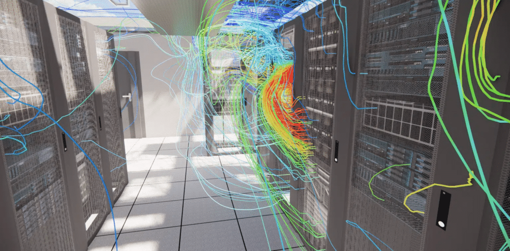 Simulation CFD illustrant l’apparition d’un point chaud dans un data center, avec une répartition des flux d’air et des températures autour des serveurs.